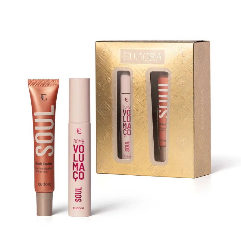 Kit Presente de Natal Eudora Soul: Máscara De Cílios Volumaço 10g + Blush Líquido Pêssego Saudável 15ml- Eudora